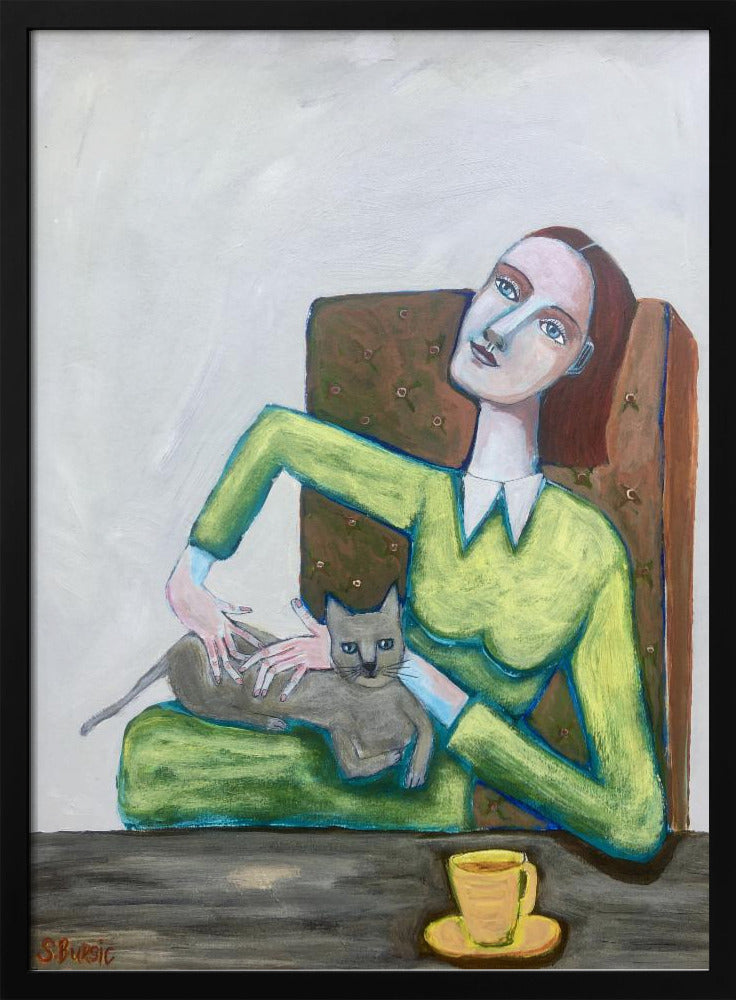 Lady tickling grey cat in chair | Poster