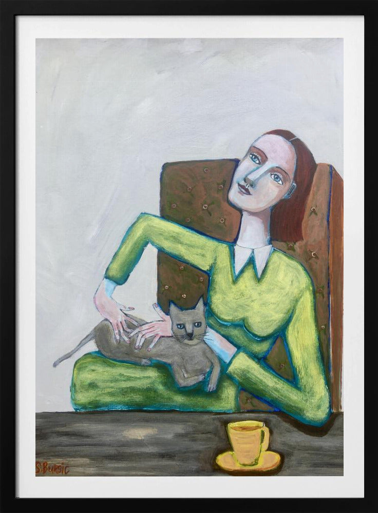 Lady tickling grey cat in chair | Poster