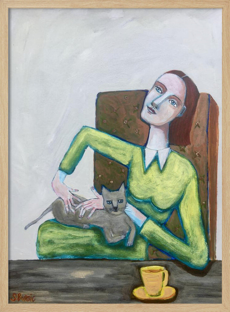 Lady tickling grey cat in chair | Poster