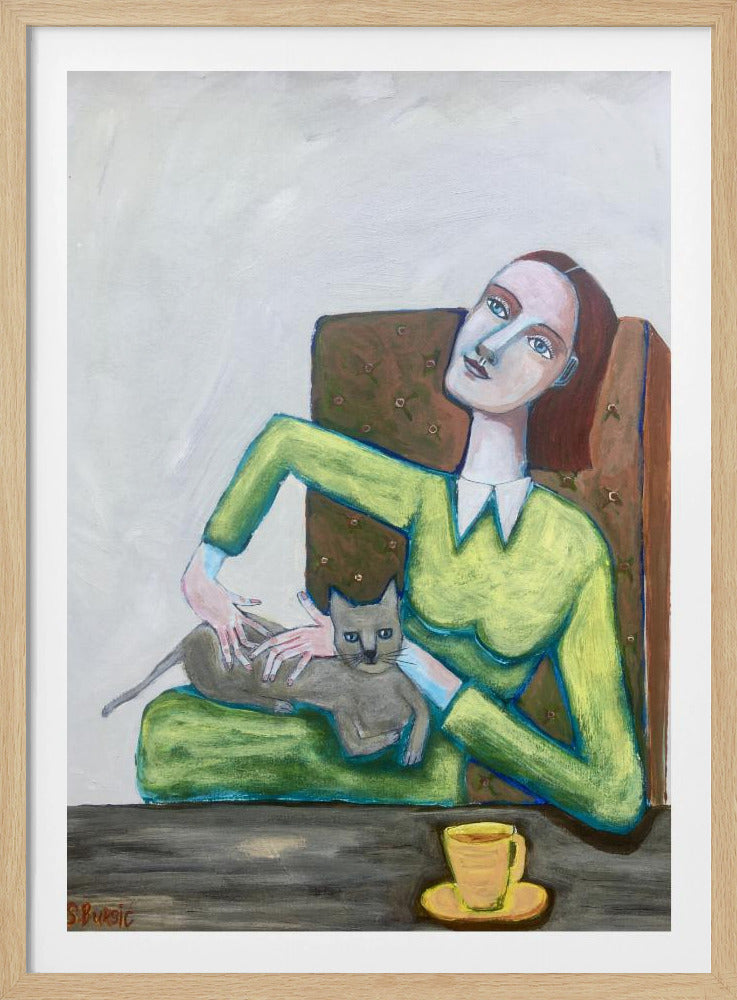 Lady tickling grey cat in chair | Poster