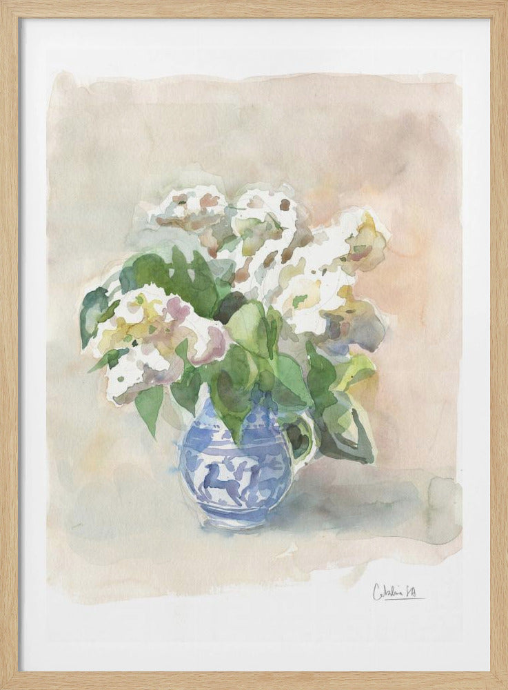 White lilacs in a vase watercolor. | Poster