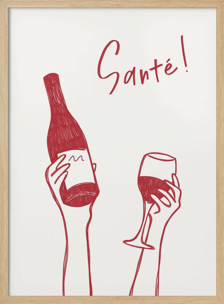 Hands holding a wine bottle and a wine glass with the text &quot;Cheers!&quot; in French | Poster