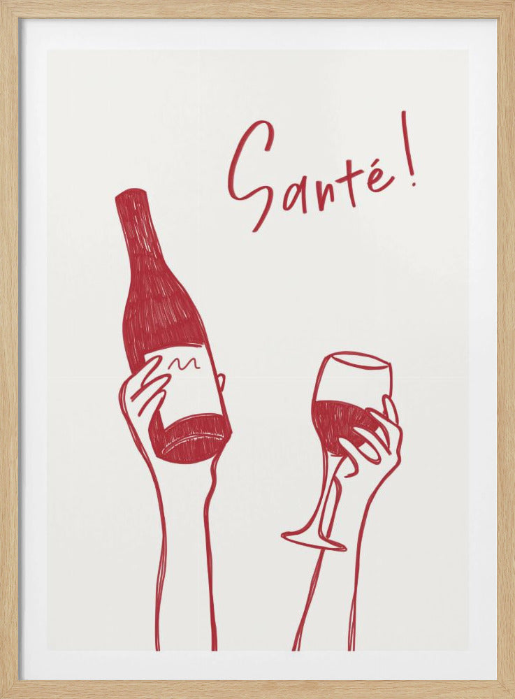 Hands holding a wine bottle and a wine glass with the text &quot;Cheers!&quot; in French | Poster