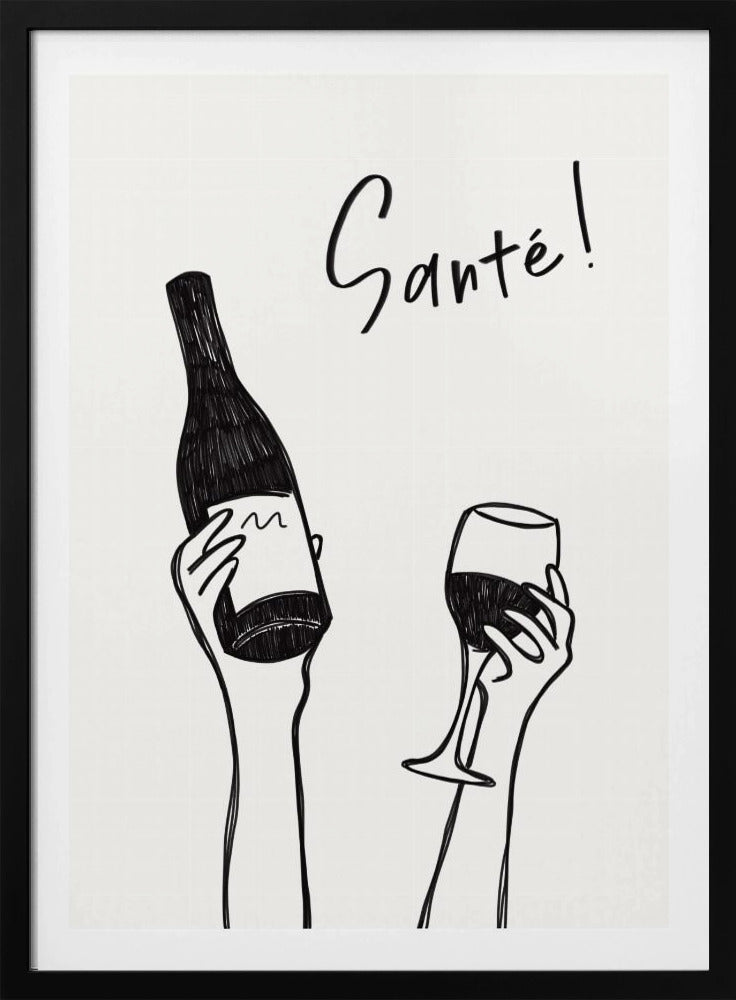 Hands holding a wine bottle and a wine glass with the text &quot;Cheers!&quot; in French | Poster