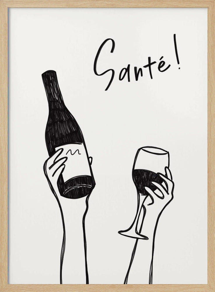 Hands holding a wine bottle and a wine glass with the text &quot;Cheers!&quot; in French | Poster