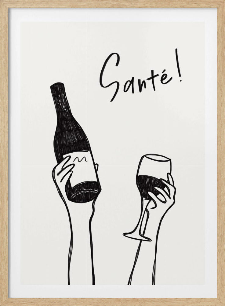 Hands holding a wine bottle and a wine glass with the text &quot;Cheers!&quot; in French | Poster