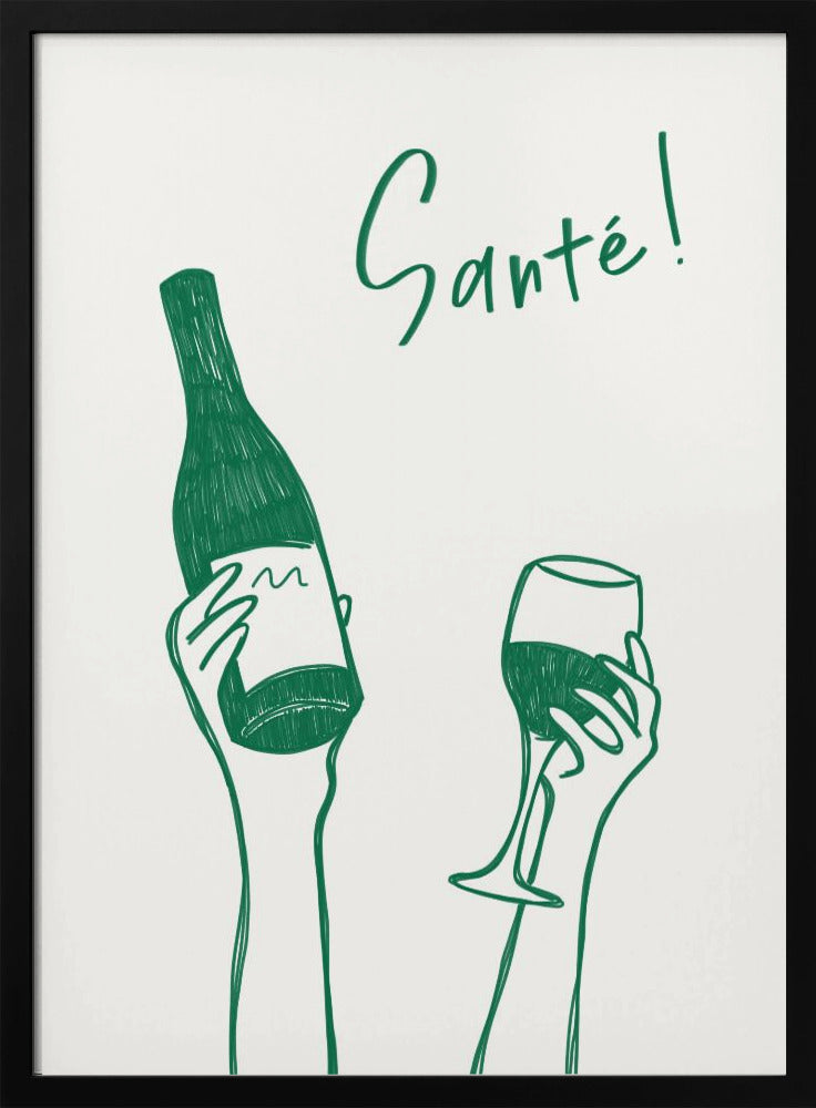 Hands holding a wine bottle and a wine glass with the text &quot;Cheers!&quot; in French | Poster
