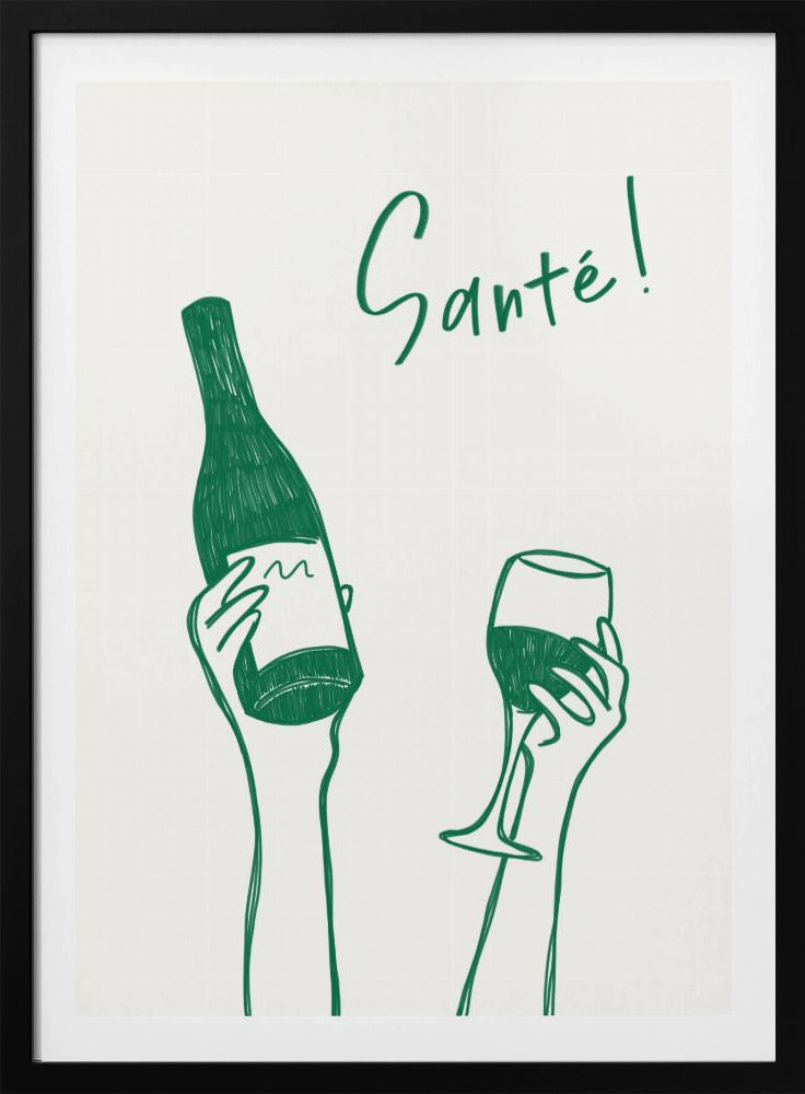 Hands holding a wine bottle and a wine glass with the text &quot;Cheers!&quot; in French | Poster