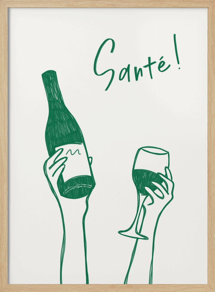 Hands holding a wine bottle and a wine glass with the text &quot;Cheers!&quot; in French | Poster