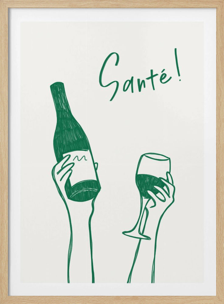 Hands holding a wine bottle and a wine glass with the text &quot;Cheers!&quot; in French | Poster