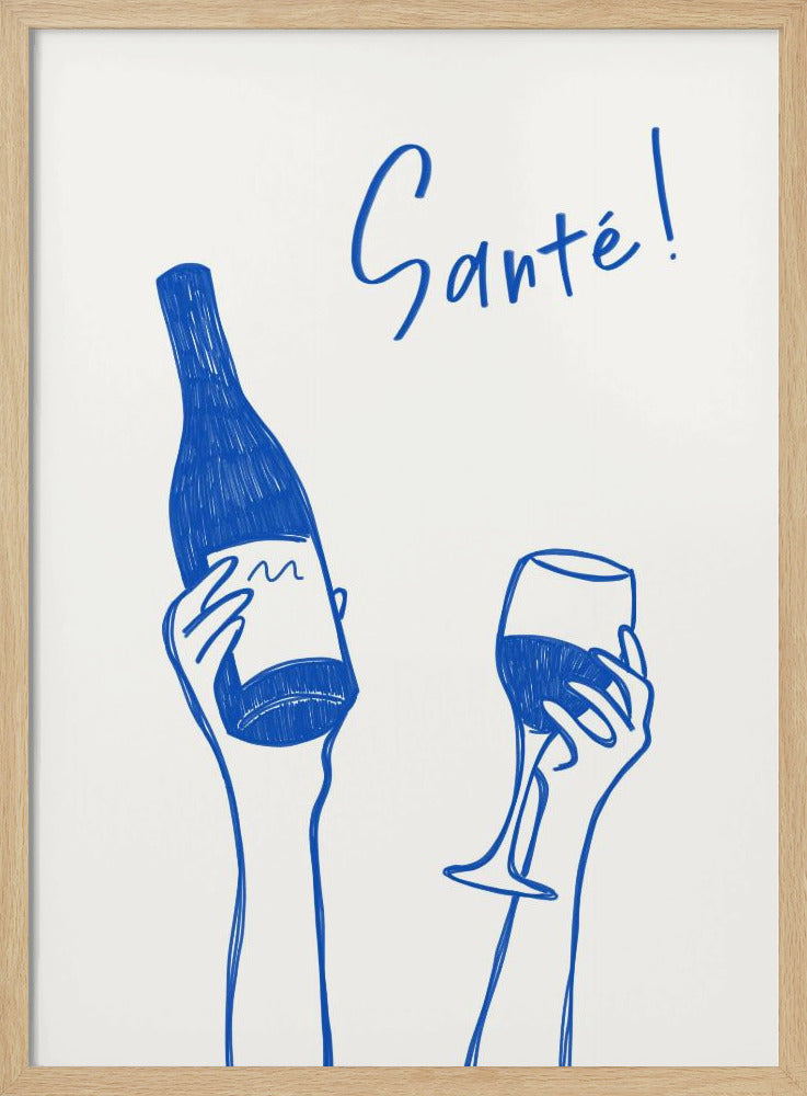 Hands holding a wine bottle and a wine glass with the text &quot;Cheers!&quot; in French | Poster