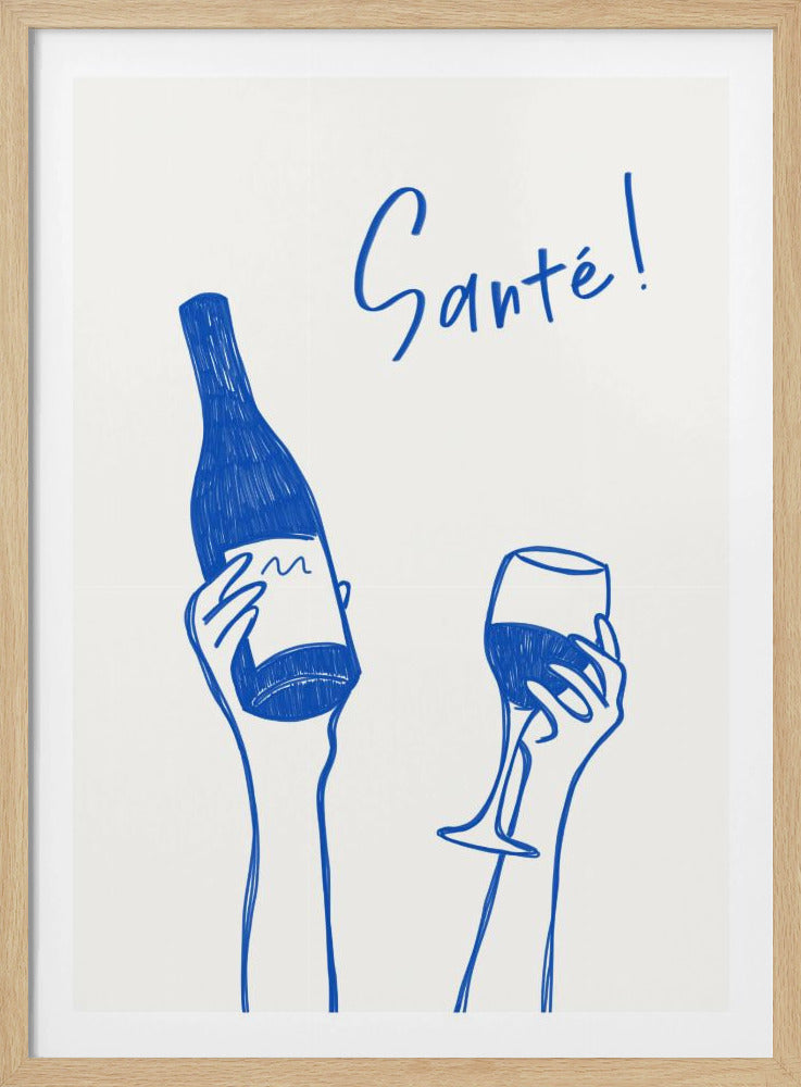 Hands holding a wine bottle and a wine glass with the text &quot;Cheers!&quot; in French | Poster