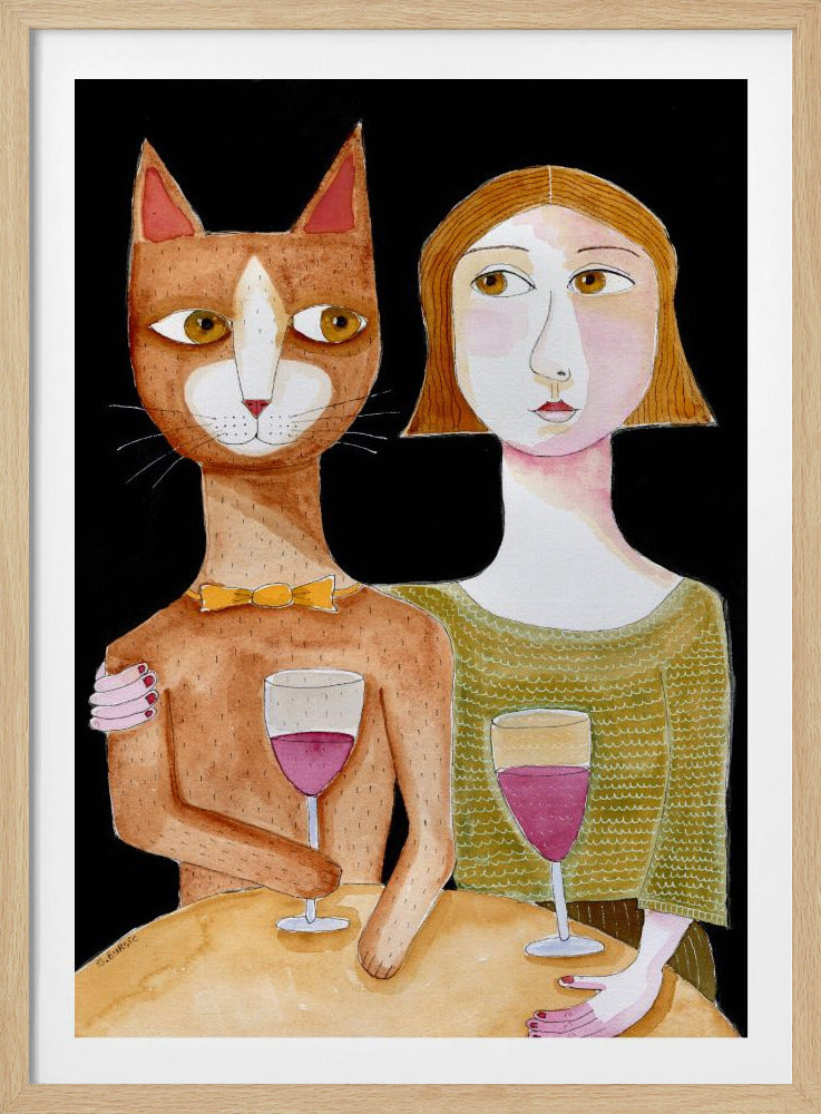 Best Friends Cat and Lady drinking wine | Poster
