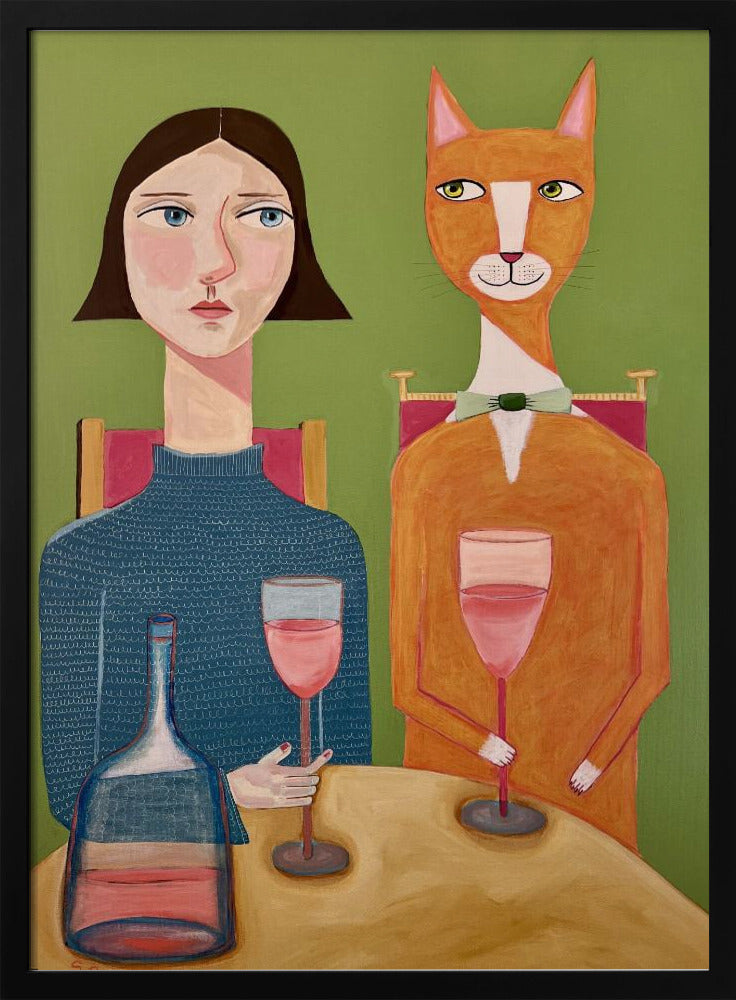Lady and Cat Drinking Wine | Poster