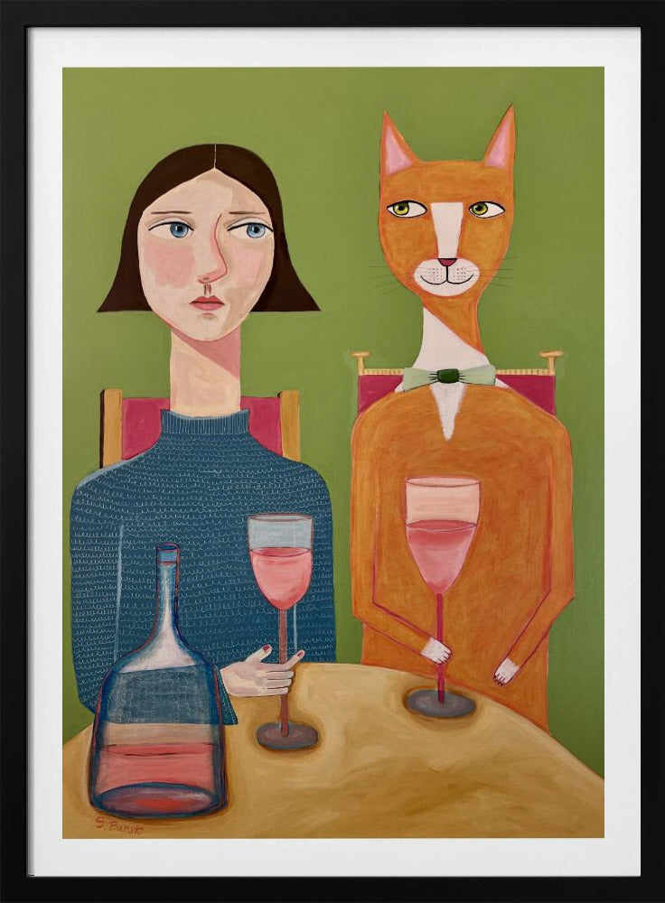 Lady and Cat Drinking Wine | Poster