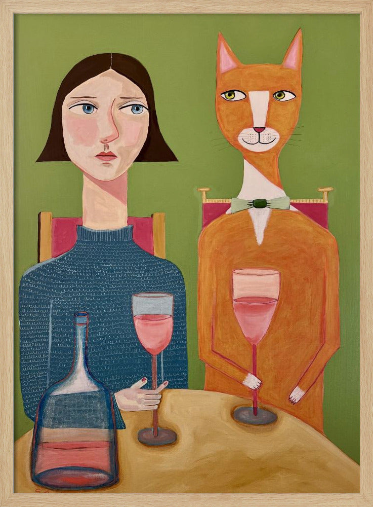 Lady and Cat Drinking Wine | Poster