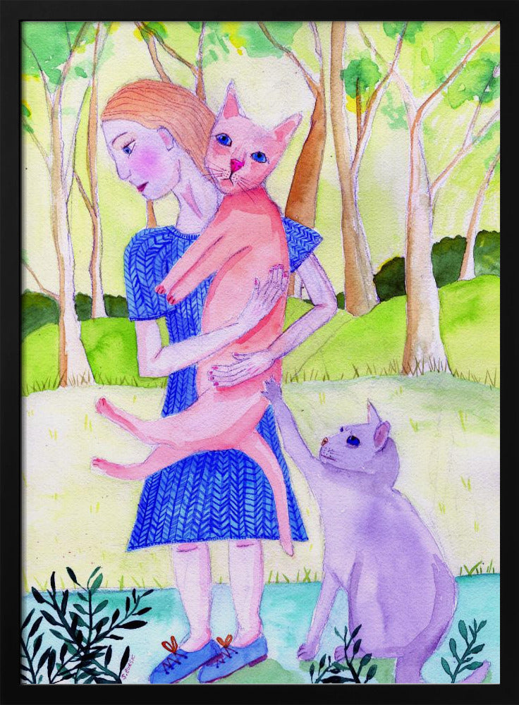 Lady with the pink and blue cat. | Poster