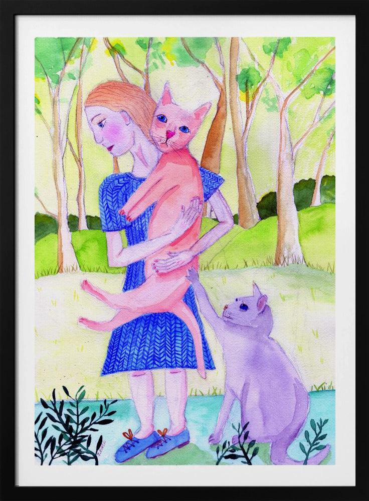 Lady with the pink and blue cat. | Poster