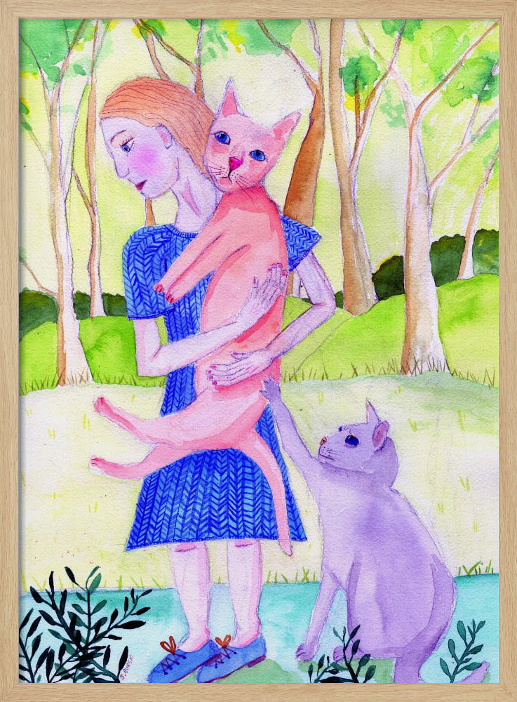 Lady with the pink and blue cat. | Poster