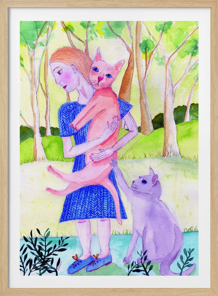 Lady with the pink and blue cat. | Poster