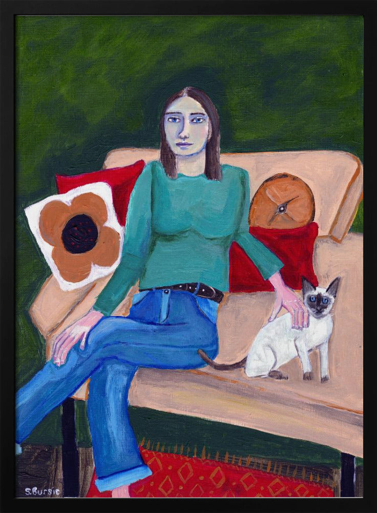 Lady sitting with Siamese Cat | Poster