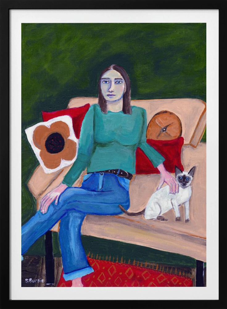 Lady sitting with Siamese Cat | Poster