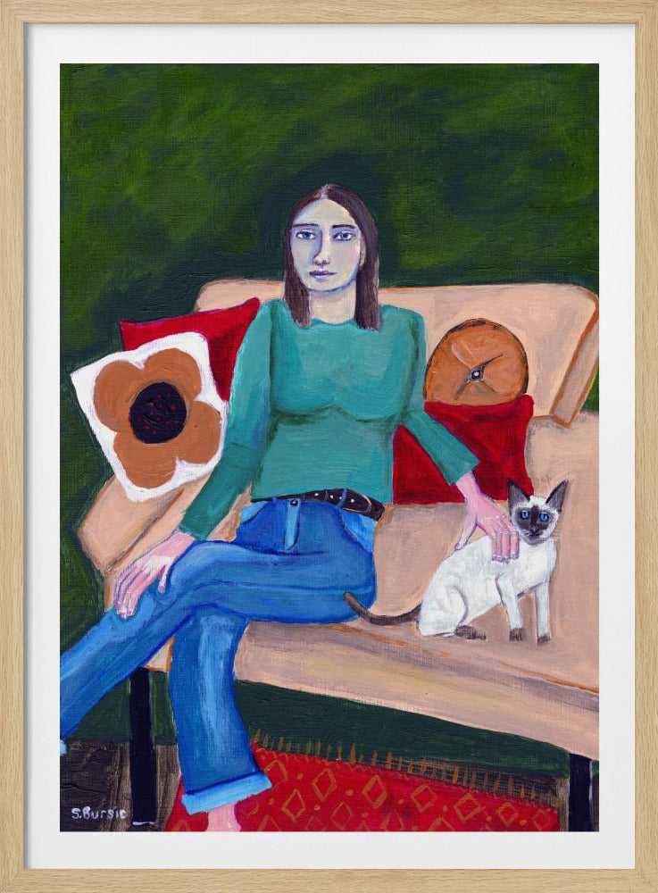 Lady sitting with Siamese Cat | Poster