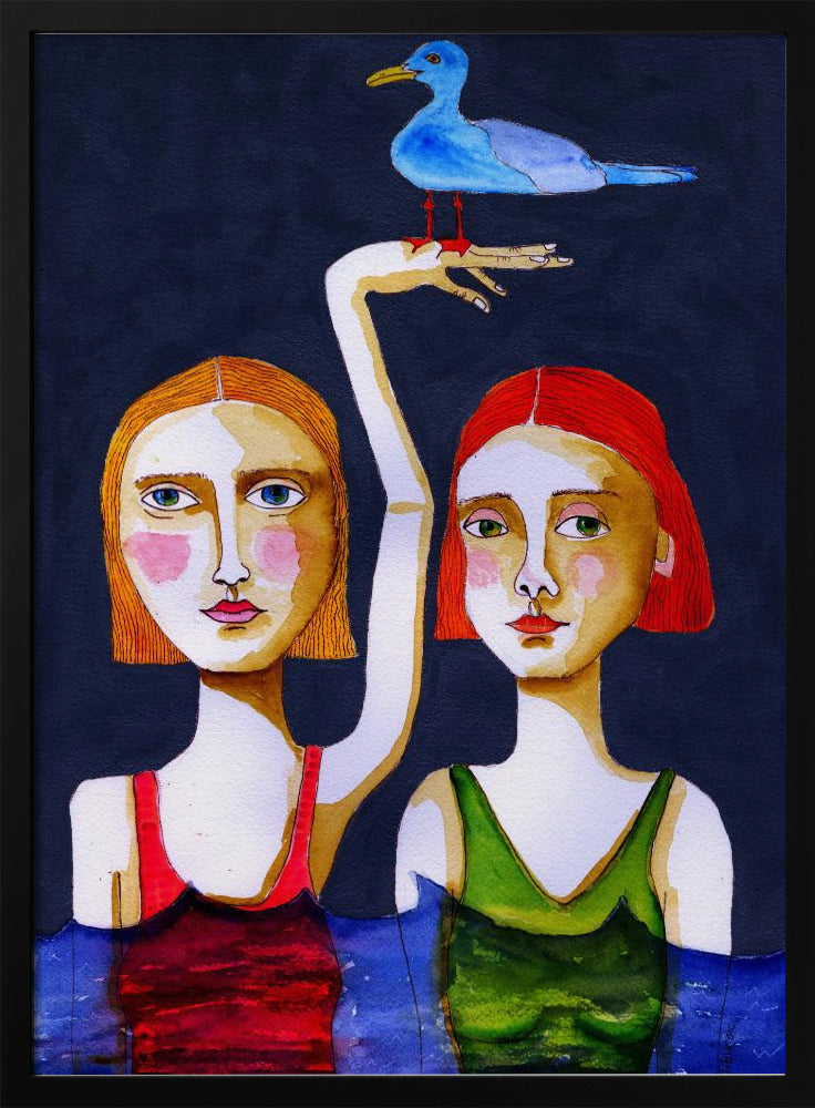 Swimming Girls with Blue Seagul. | Poster