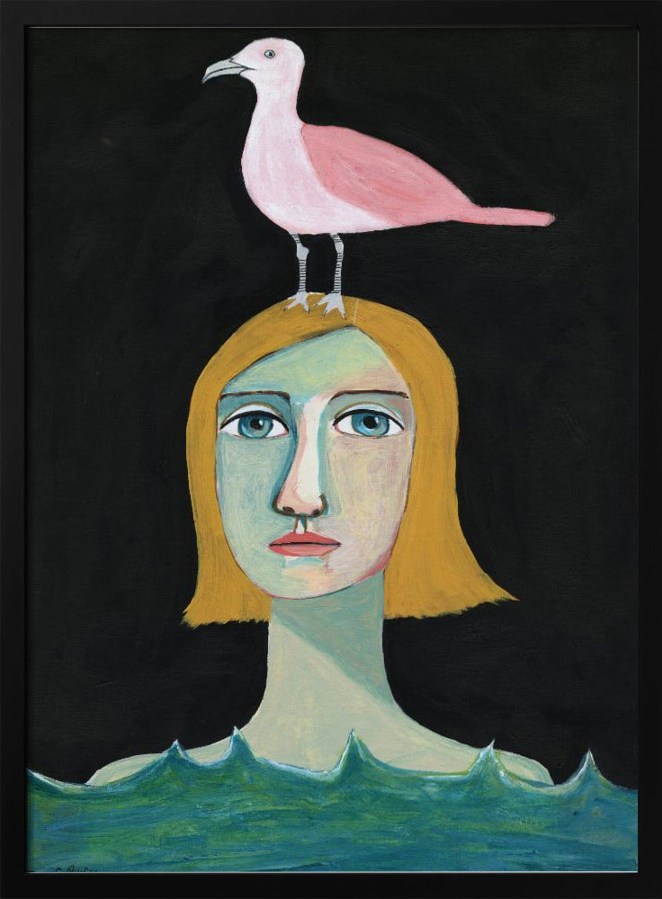 Swimming Girl with Pink Seagull | Poster