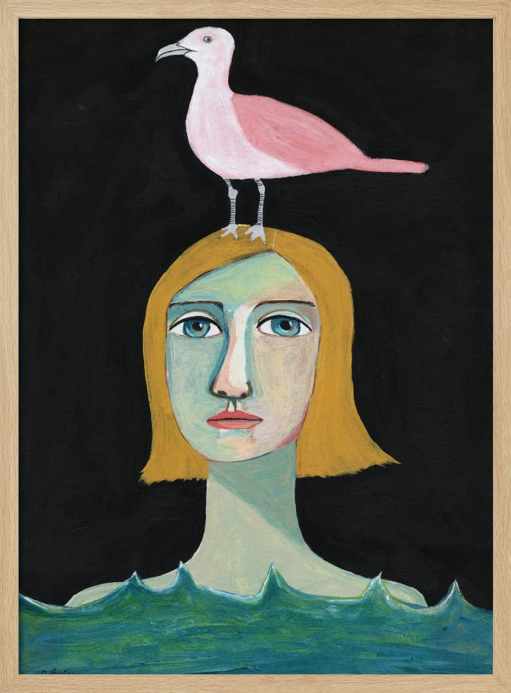 Swimming Girl with Pink Seagull | Poster