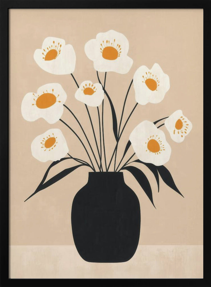 White Flowers in Black Vase | Poster
