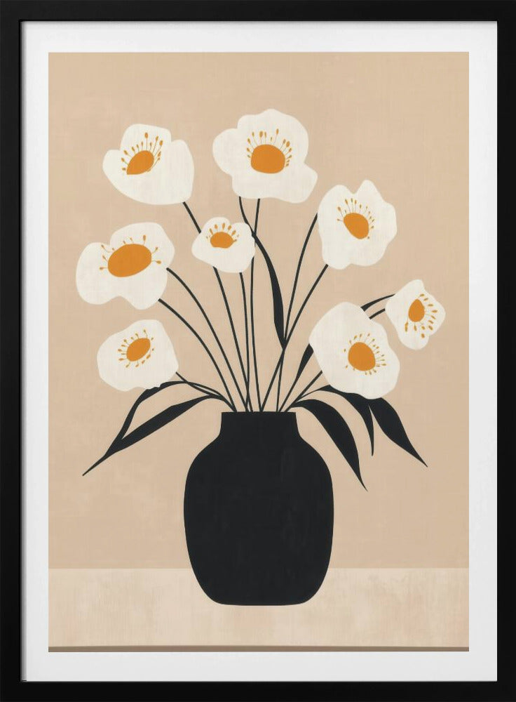 White Flowers in Black Vase | Poster