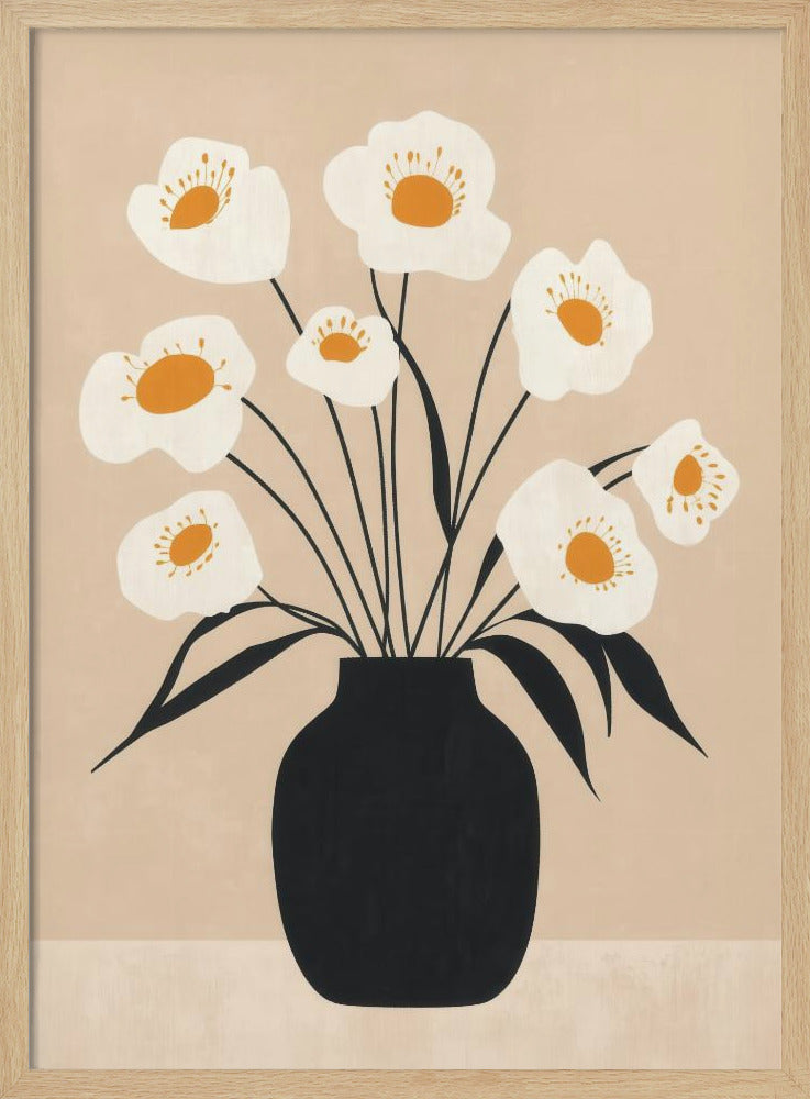White Flowers in Black Vase | Poster