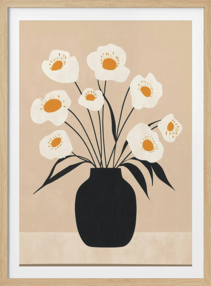 White Flowers in Black Vase | Poster