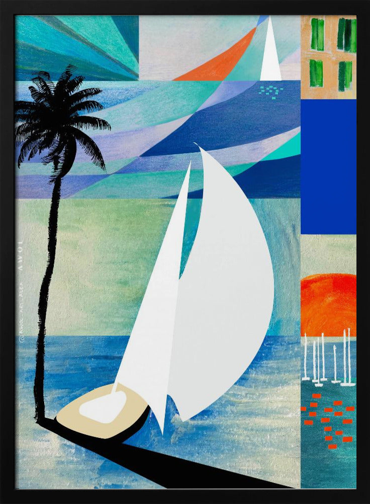 Colourful Mediterranean Travel Art Print With Sunrise And Palm Tree | Poster