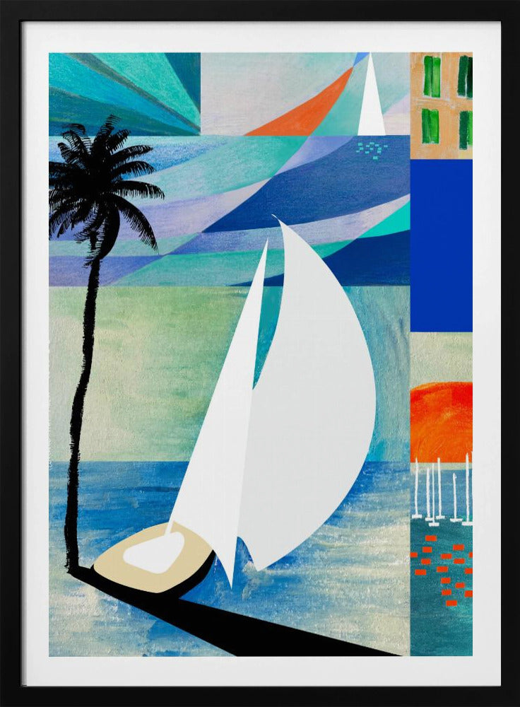 Colourful Mediterranean Travel Art Print With Sunrise And Palm Tree | Poster