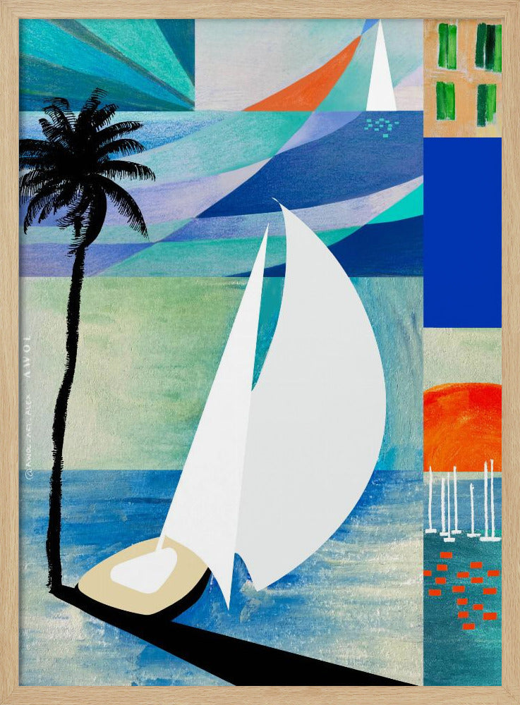 Colourful Mediterranean Travel Art Print With Sunrise And Palm Tree | Poster