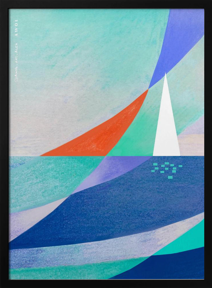 Abstract Ocean Art With Minimalist White Sailboat On The Sea | Poster