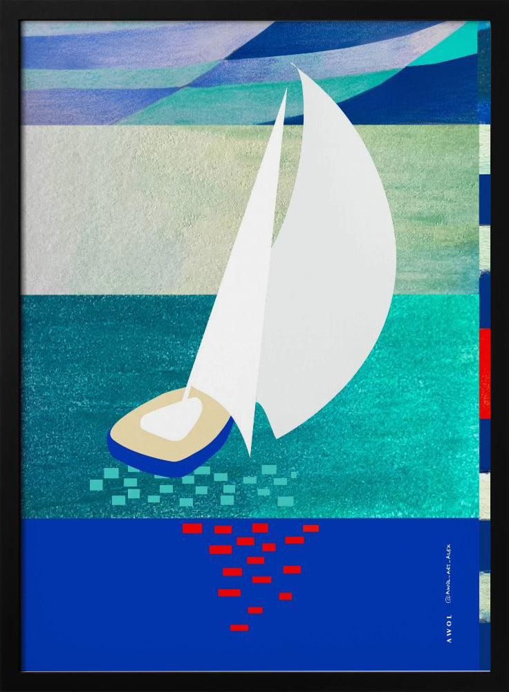 White Sailboat With Reflections, Abstract Sea Art With Graphic Stripes | Poster