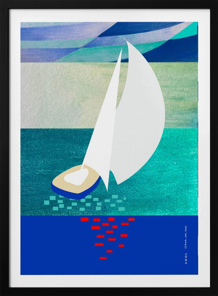 White Sailboat With Reflections, Abstract Sea Art With Graphic Stripes | Poster