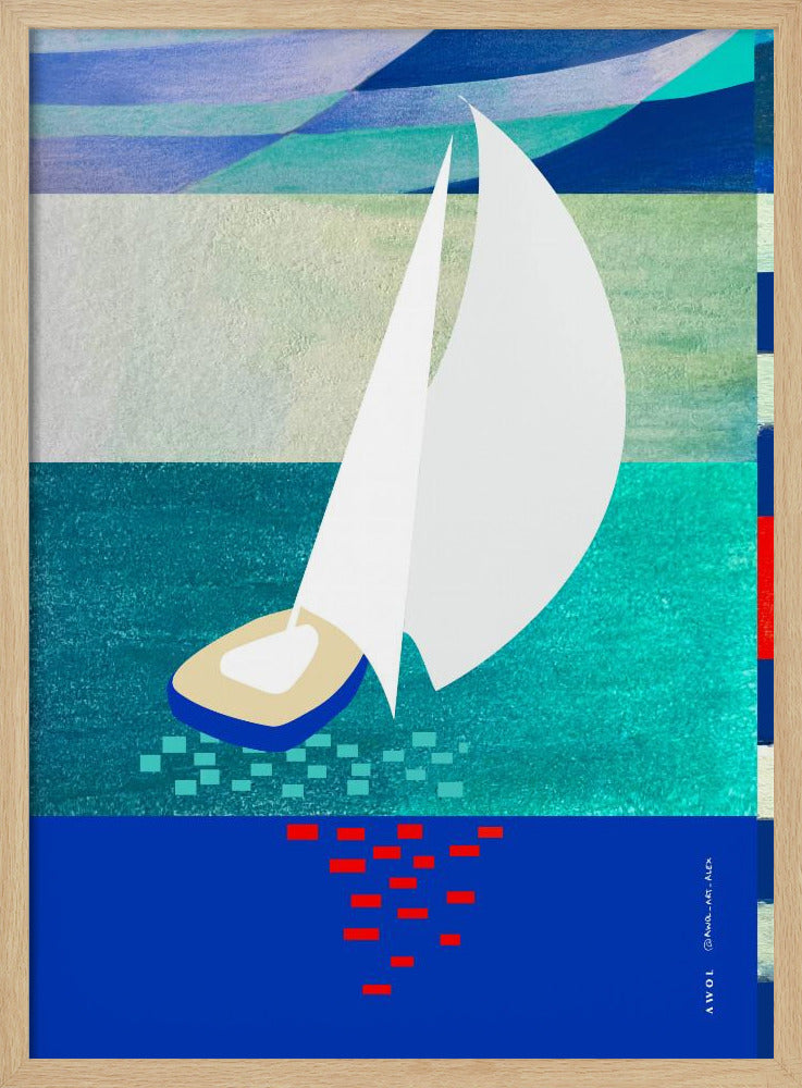 White Sailboat With Reflections, Abstract Sea Art With Graphic Stripes | Poster