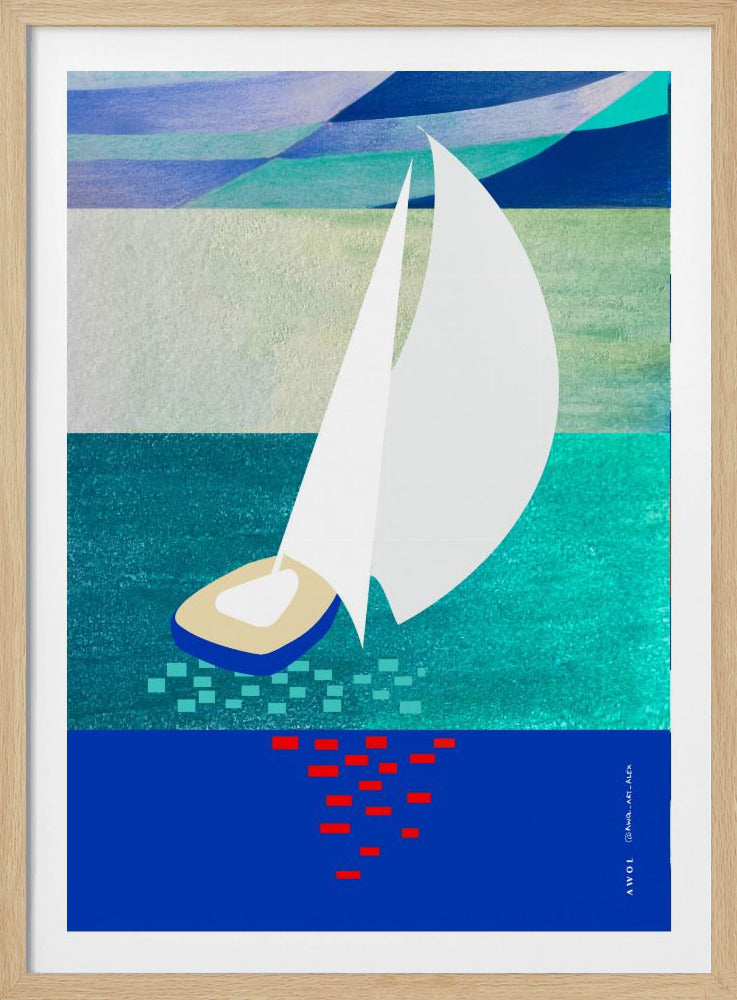 White Sailboat With Reflections, Abstract Sea Art With Graphic Stripes | Poster