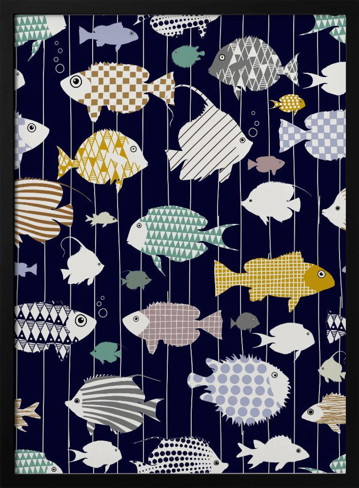 Fresh fish on dark navy blue pattern | Poster