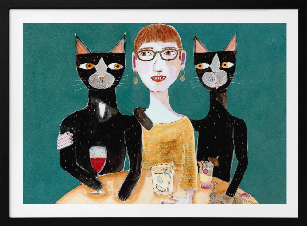 Lady with her two black cats having drinks | Poster
