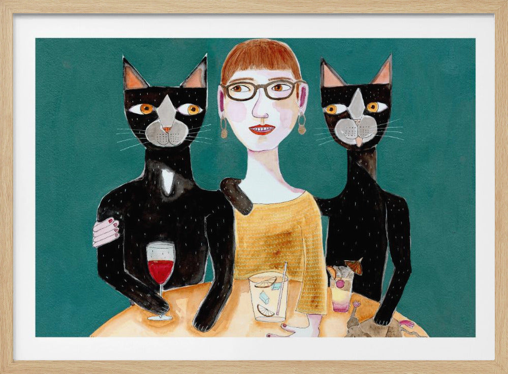 Lady with her two black cats having drinks | Poster