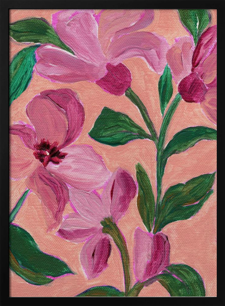Pink Flowers With Bold Green Leaves | Poster