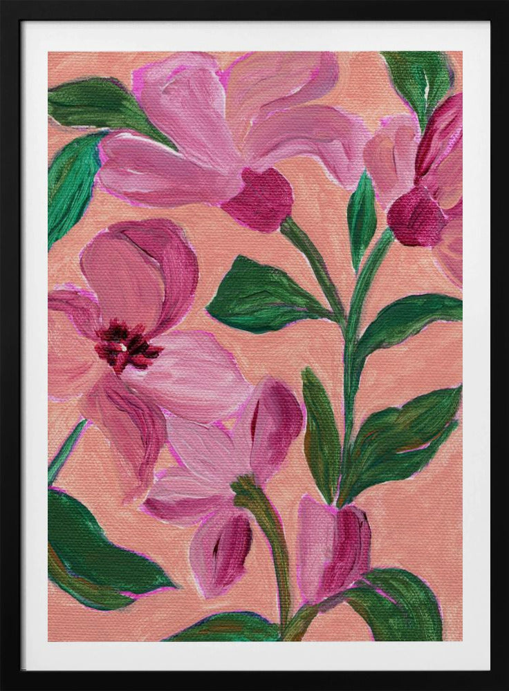 Pink Flowers With Bold Green Leaves | Poster