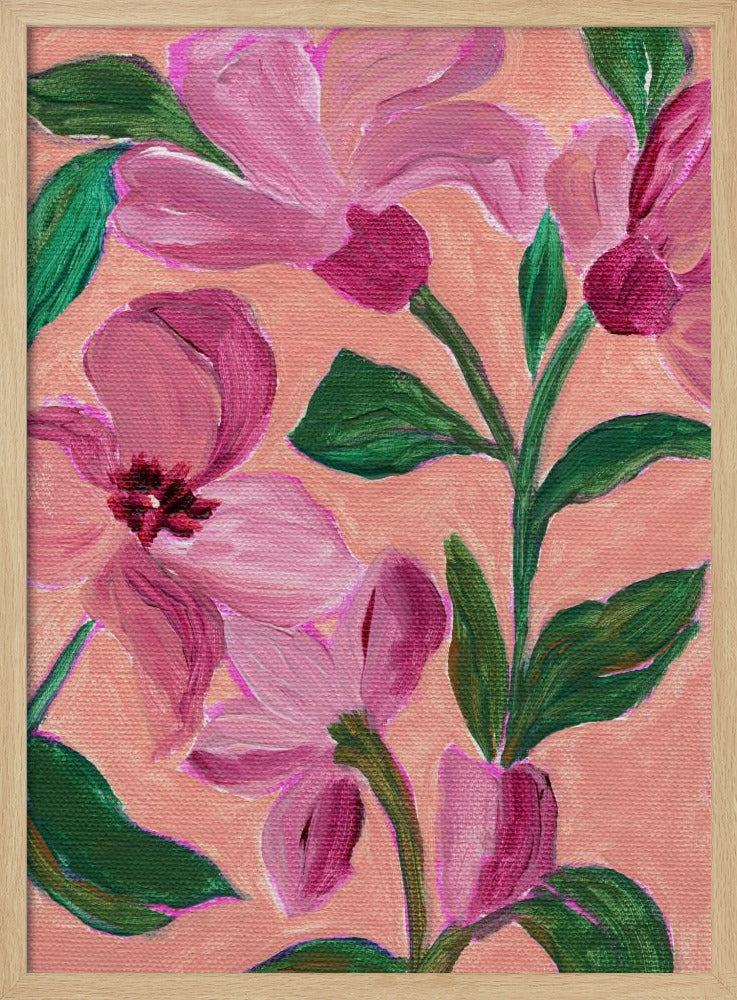 Pink Flowers With Bold Green Leaves | Poster
