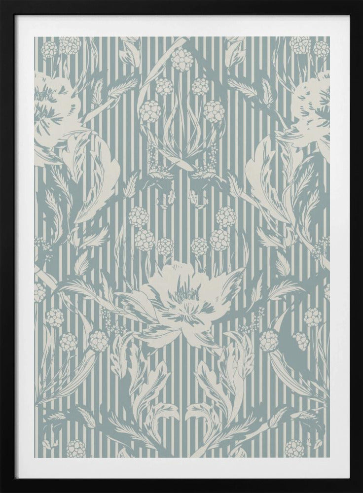 Floral Heritage Morris monochrome stripes chalky blue pattern | Poster