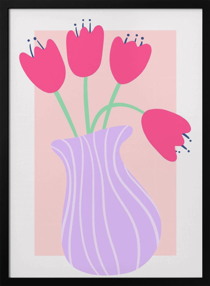 Vibrant Tulips in a Striped Lavender Vase | Poster